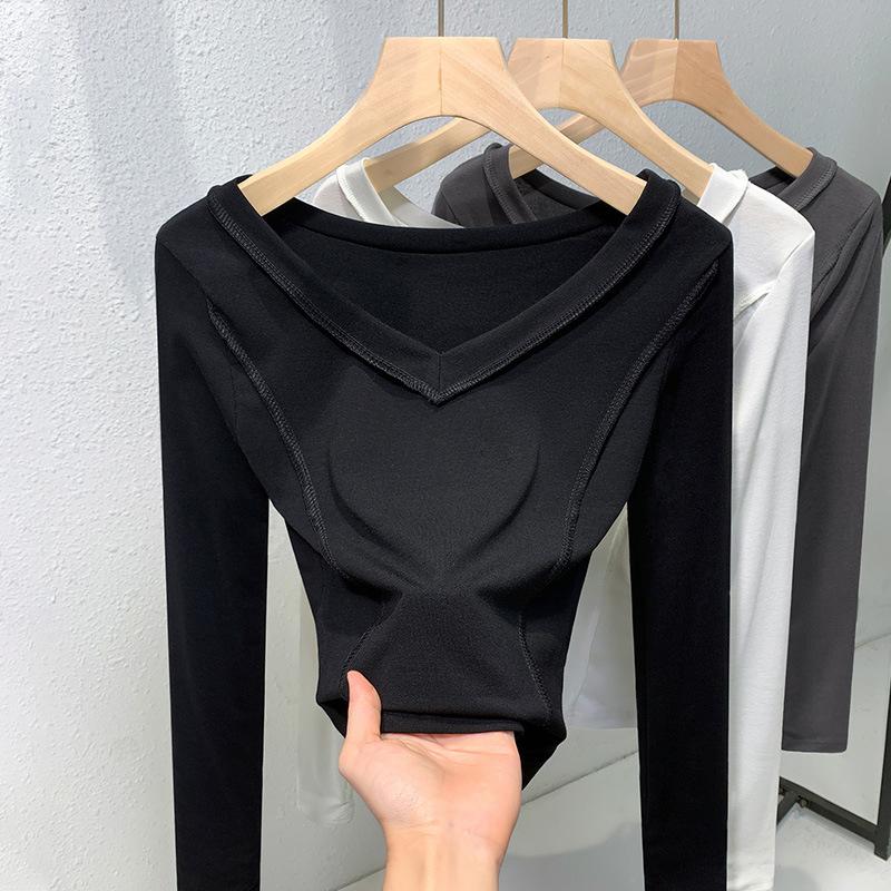 Bílé francouzské klíční kosti odhalené V-neck ramenní tričko pro ženy s dlouhým rukávem kulatým výstřihem vnitřní spodní tričko módní top snižující věk