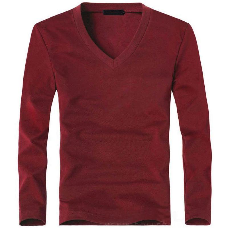 Elastic Mens T-Shirt V-Neck Long Sleeve Men T Shirt for Male T-Shirts Man Clothing TShirt Solid Color Tops Tees