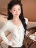 Women's Autumn French Lace Trim V-Neck Long-Sleeve Slim Fit Tie-Up Top
