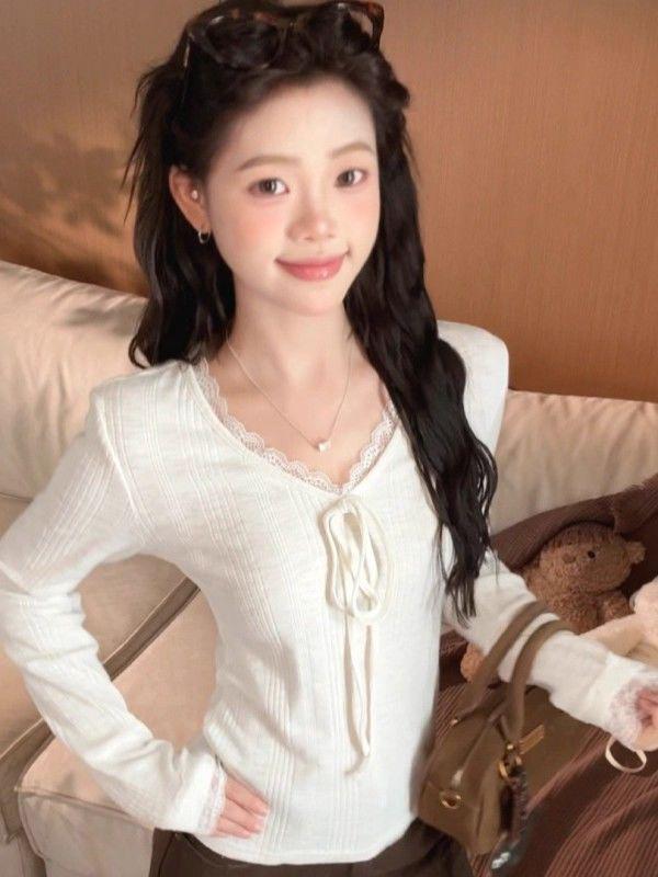 Women's Autumn French Lace Trim V-Neck Long-Sleeve Slim Fit Tie-Up Top