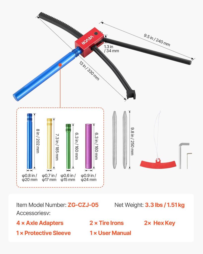 Dirt Bike Tire Changing Tool Kit, Fits for Motocross Enduro 406-533 Mm Wheels, Includes 15-25 Mm Axle Adapters, Dirt Bike Tire Changing Tools Compact