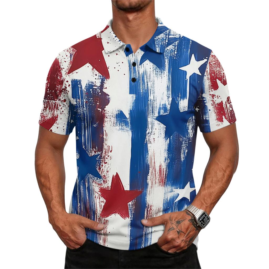 Men's Casual Loose Fit Short Sleeve Polo Shirt with Mixed Pattern Design Flag Stripes and Dots Print Lightweight Comfortable Top