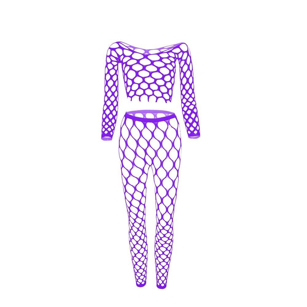 Σετ δύο τεμαχίων μακρυμάνικα μπλουζάκια και δικτυωτό παντελόνι Γυναικείο σέξι κοίλο ανοιχτό δίχτυ Εσώρουχα Plus Size Διάφανα εσώρουχα Σέξι