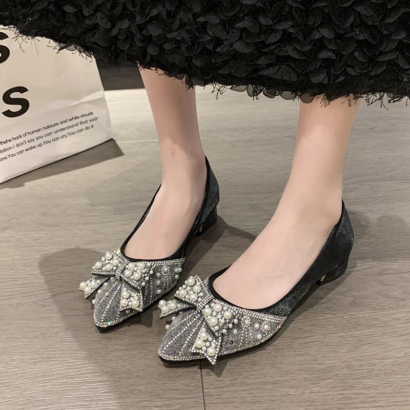 Fashion Pointy Bow Single Shoes Women 2025 New Crystal Pearl Rhinester Bridesmaid High Heel Work Shoes