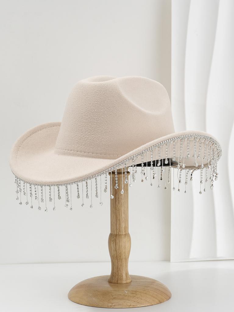 Women's Bridal Rhinestone Tassel Cowboy Hat Bachelorette Party Photo Prop Felt Hat White Party Hat for Bridesmaid Gift