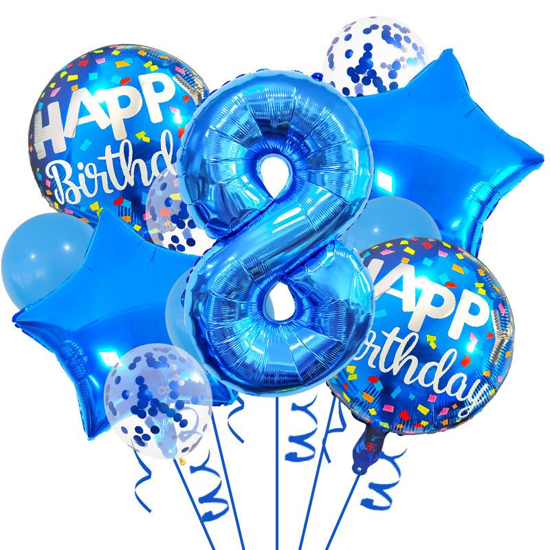 32-Inch Blue Digital Aluminum Film Balloon Set, First Birthday Party Decoration Atmosphere Arrangement