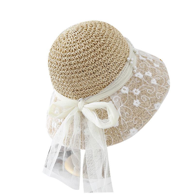 Neuer Häkel-Strohhut mit Blumenspitze für Damen, Eimerhut mit Perlen-Schleife, Sommer-Sonnenschutz, Sonnenhut, Glockenhut