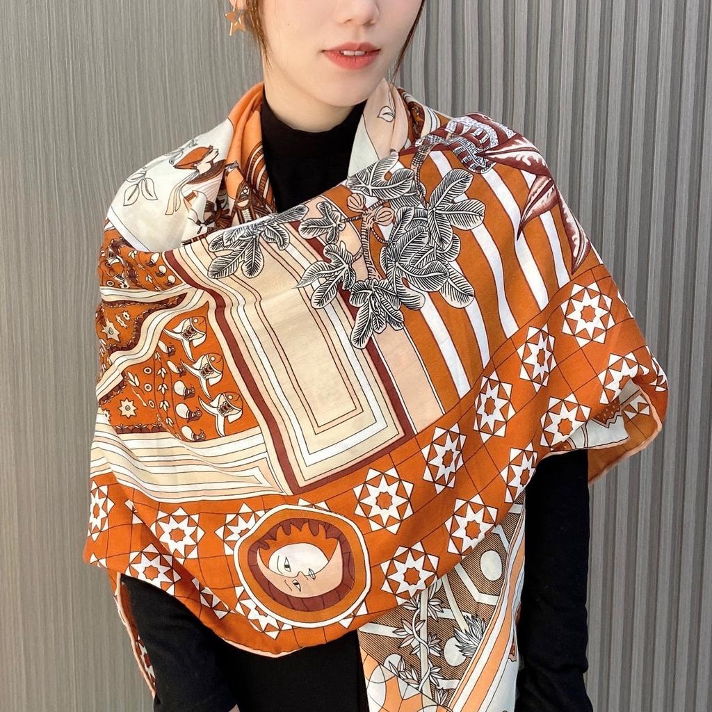 Scarf Women's Spring and Autumn New High-end Printed Decorative Large Square Scarf Temperament Curled Edge Outside Warm Shawl Scarf