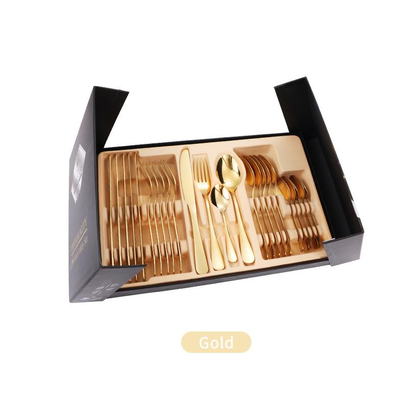 

Нержавеющая сталь, костюм из 24 предметов 1010, четыре основных предмета: нож, вилка и ложка, двойная открытая подарочная коробка, костюм для посуды