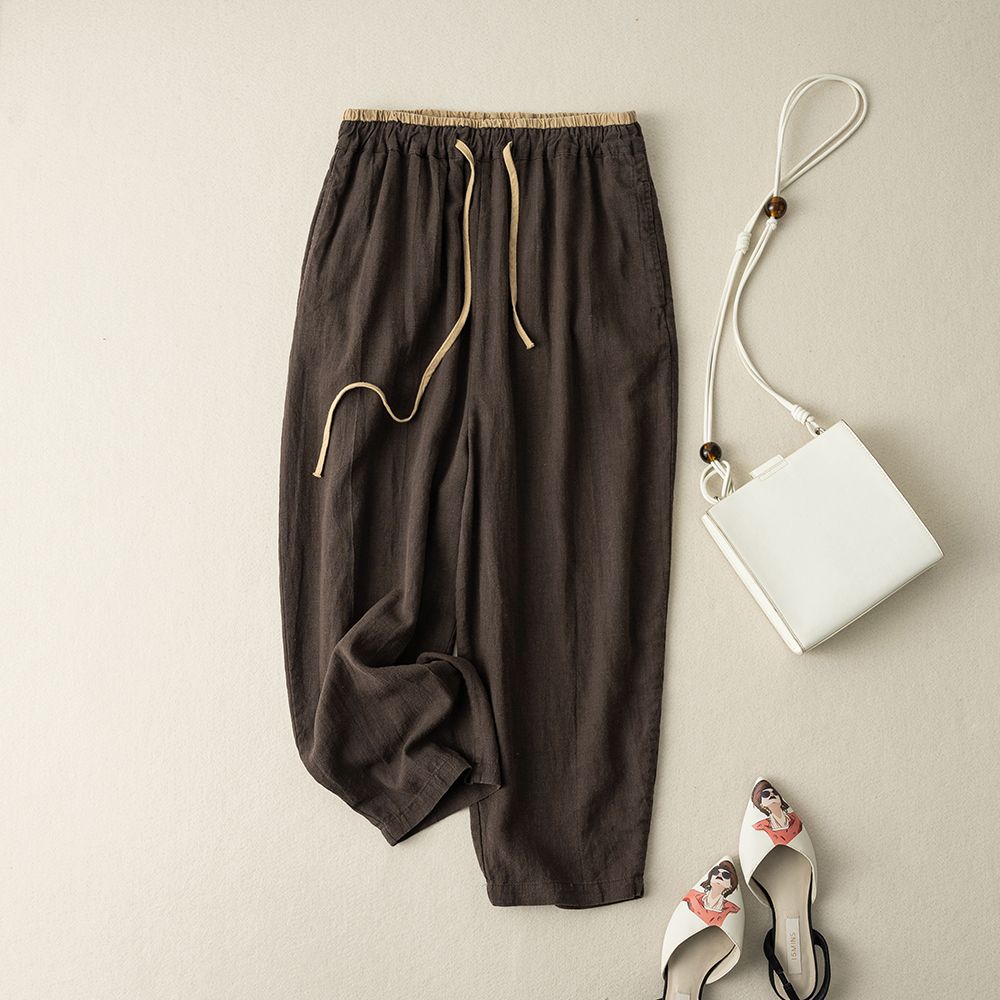 Women Summer Retro Cotton Linen Loose Harem Pants Elastic Drawstring Waist Casual Pants Basic Versatility Wide-leg Ankle-Length Pants