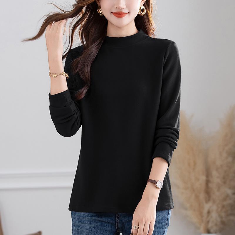 Samtiges Damen-Übergrößen-Herbst-T-Shirt mit halbhohem Kragen und langen Ärmeln