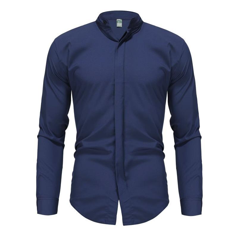 Mens Stand Collar Non Iron Slim Fit Long Sleeve Cool Casual Shirt
