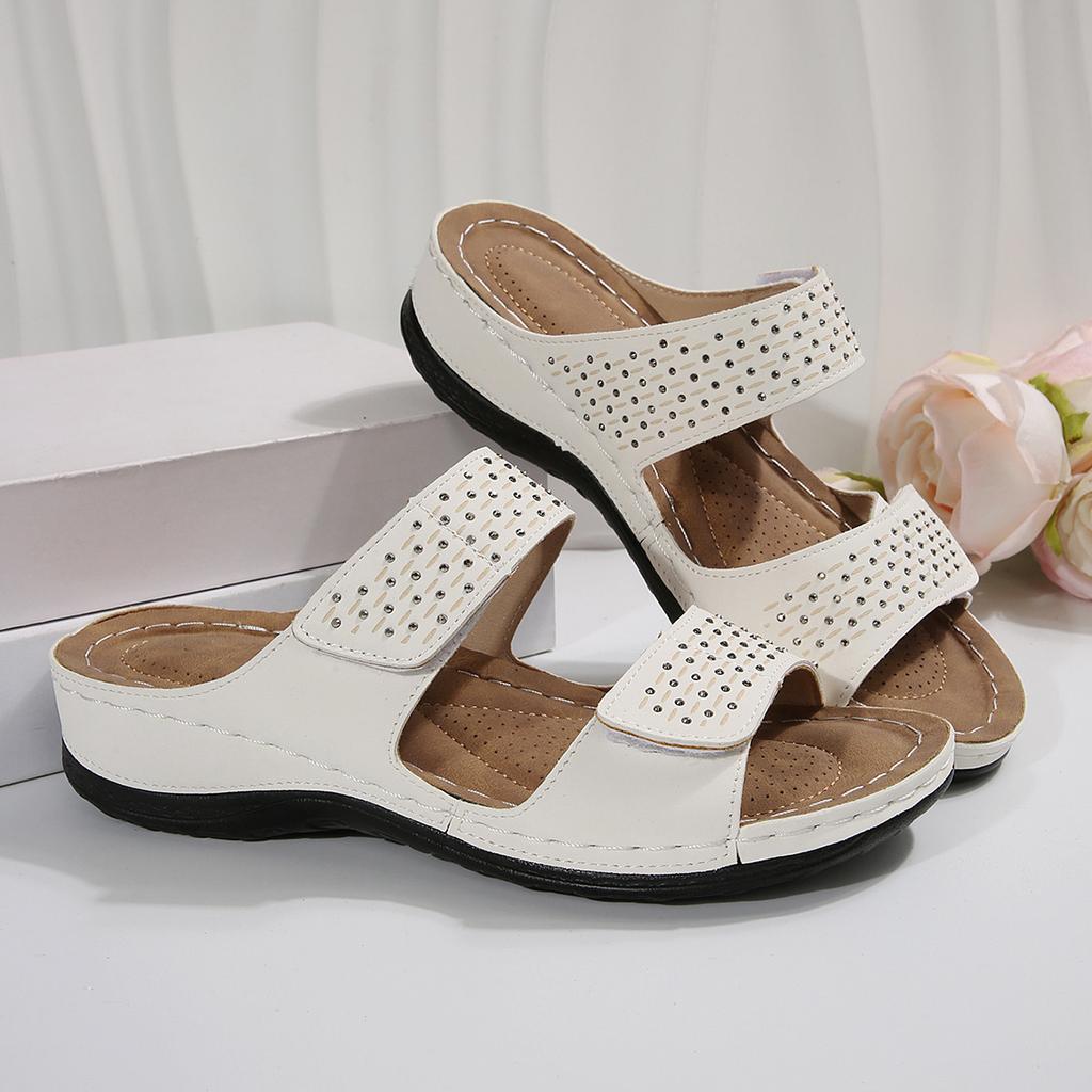 Women's White & Golden Synthetic Cover Slip-On Sandals - Open-Toe Flat Heel with Breathable Perforations, Cushioned Insole, Comfortable Footwear