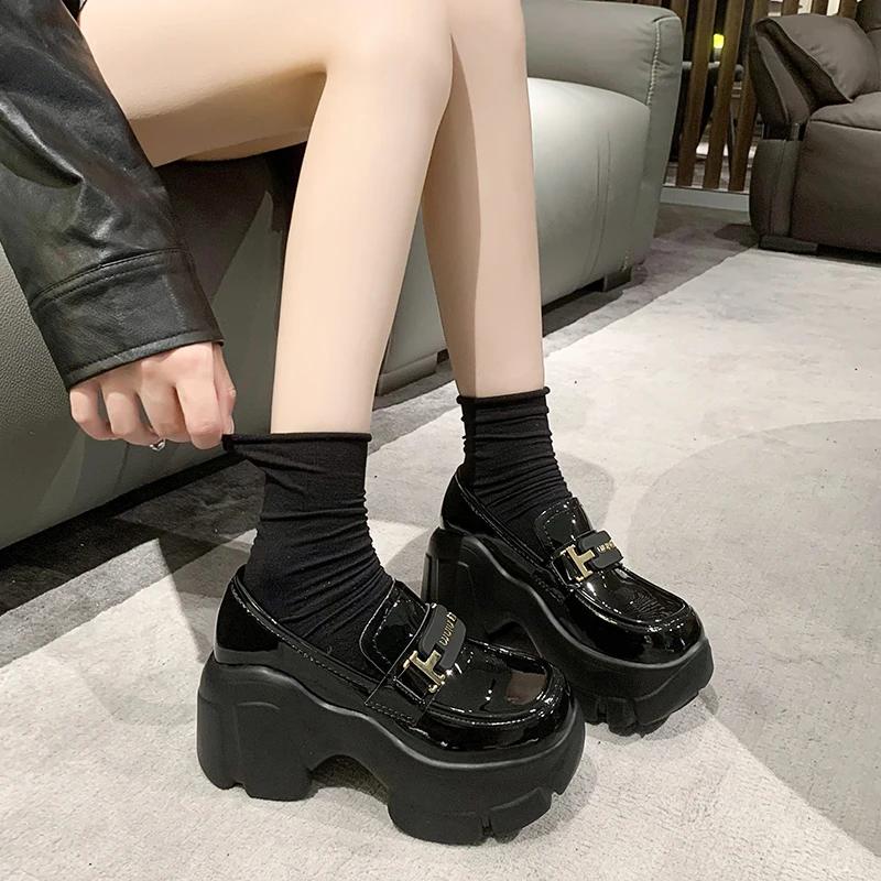 fashion Women Platform Leather Sneakers 2024 Spring Autumn British Style Chunky Shoes Woman 8CM High Heels Ulzzang