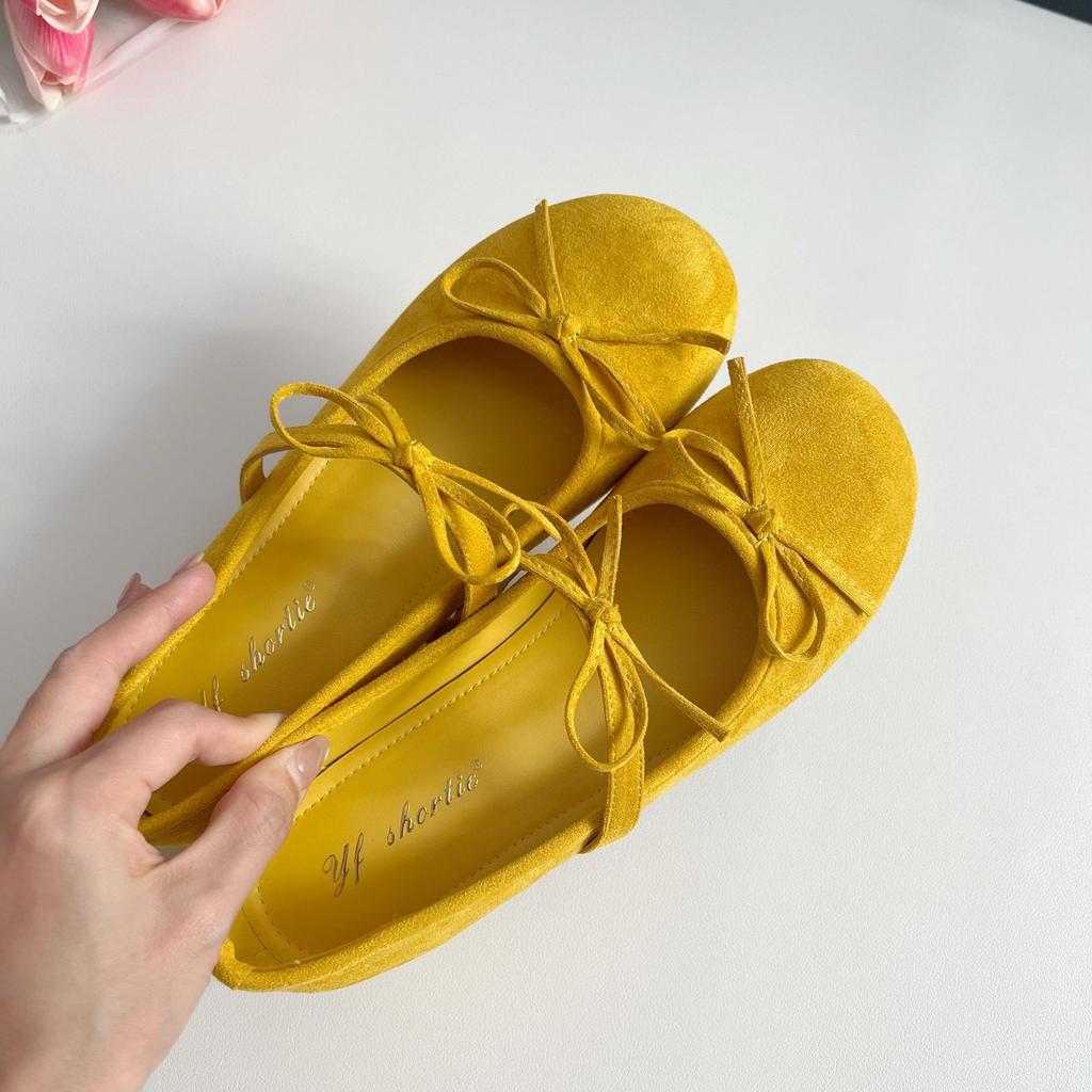 Sheepskin version inner height increase retro Mary Jane shoes women's word with suede shallow mouth round head bow ballet single shoes women