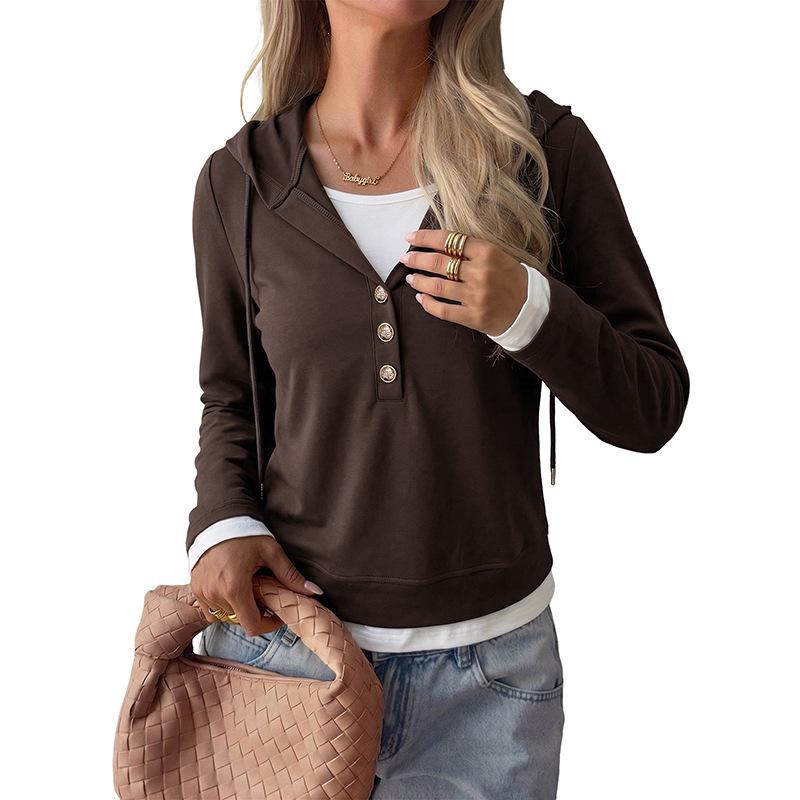 2026 Autumn/Winter Women's Slim Fit Faux Two-Piece Hooded Sweatshirt
