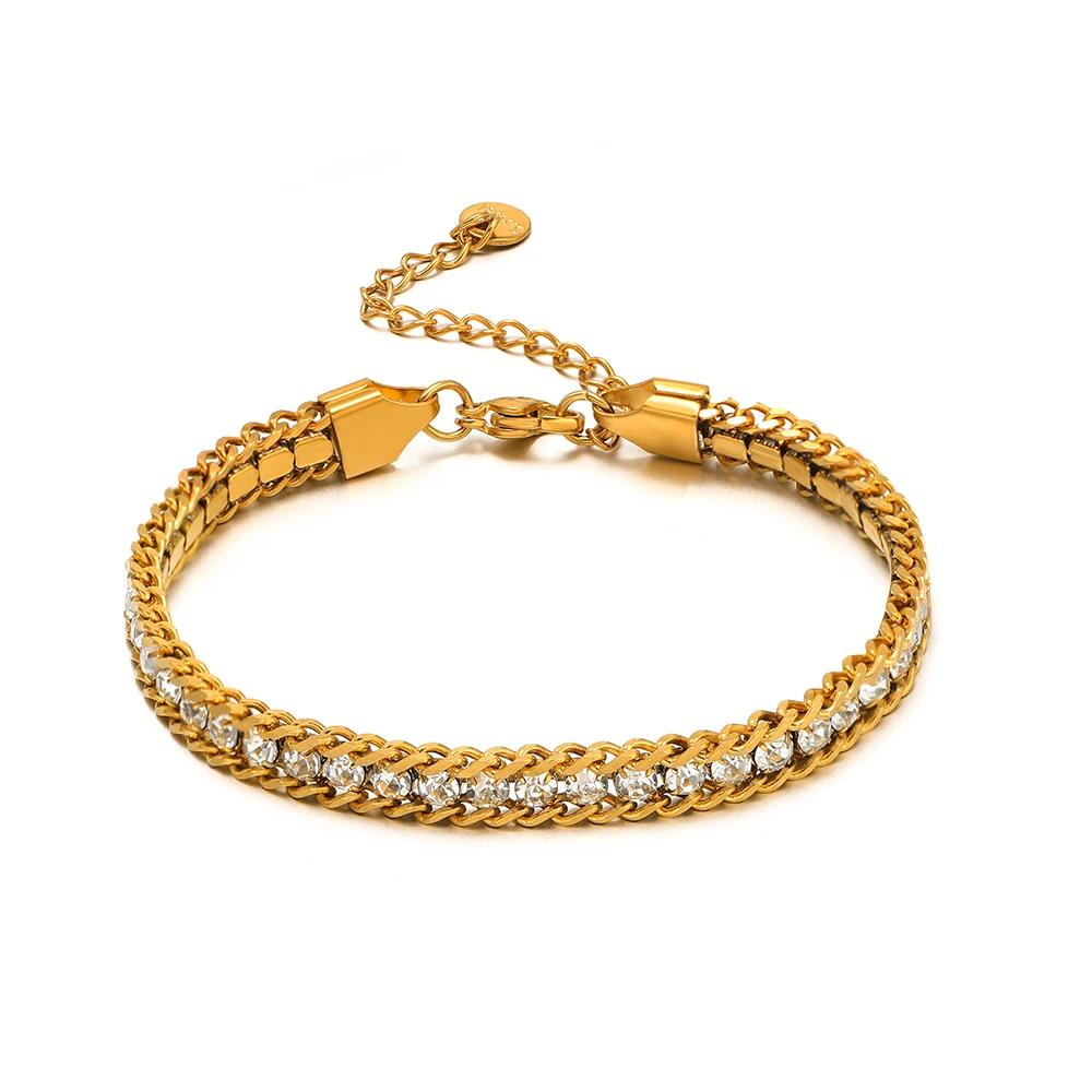 1pc AAA Cubic Zirconia Stone Bracelets Gold Color Stainless Steel Metal Chain Bracelet for Women Punk Hip Hop Jewelry Wholesale