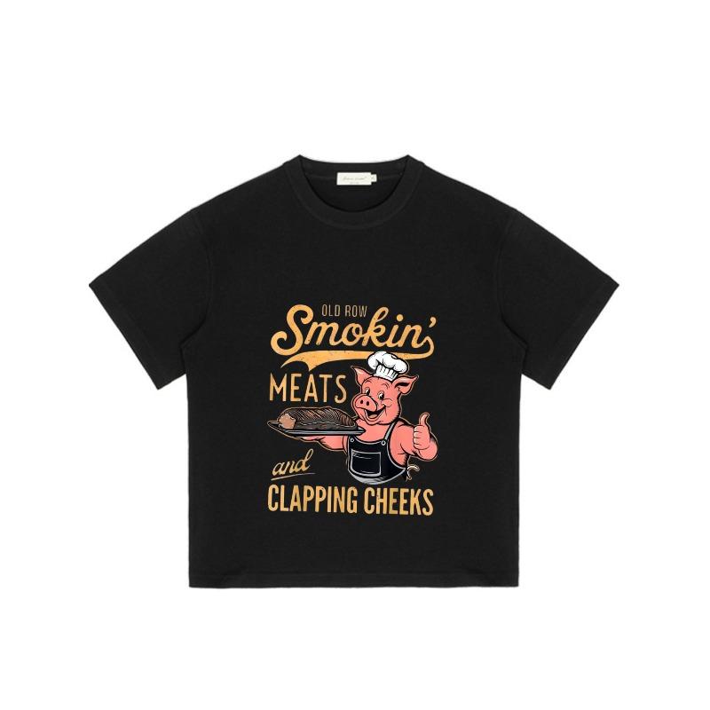 Crewneck T Shirt Black Smokin Meats and Clapping Cheeks Pig Chef Graphic Print Casual Wear for Men and Women