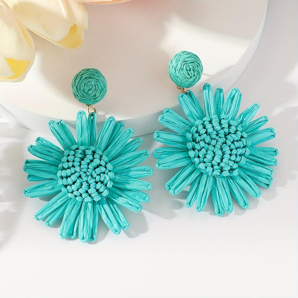 Bohemian Vacation Style Hand-woven Raffia Sunflower Droop Earrings Beach Style Multi-color Fashion Ladies Special Gift (1 Pair)