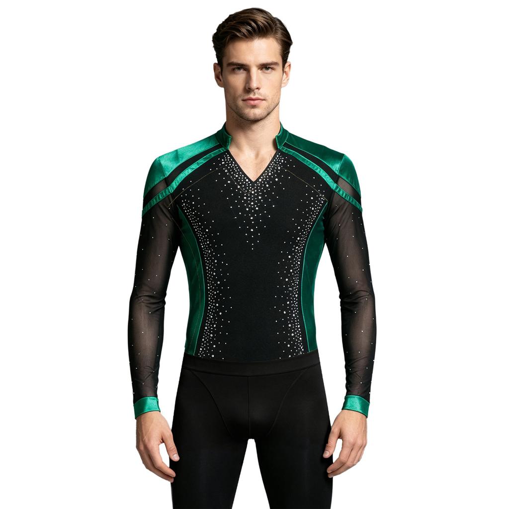 Sparkly Metallic Patchwork V Neck Bodysuit for Men Mesh Long Sleeve Rhinestone Leotard for Latin Ballet Figure Skating Gymnastics Training