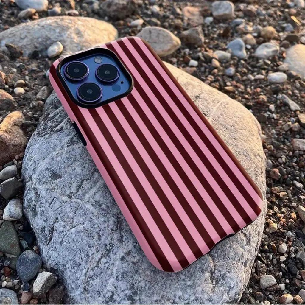 Pink Striped Lines Simple Stylish Two-in-One Protective Case, Durable Shockproof Cover for iPhone 17 16 15 14 13 12 11 Plus Pro Max, 1pc
