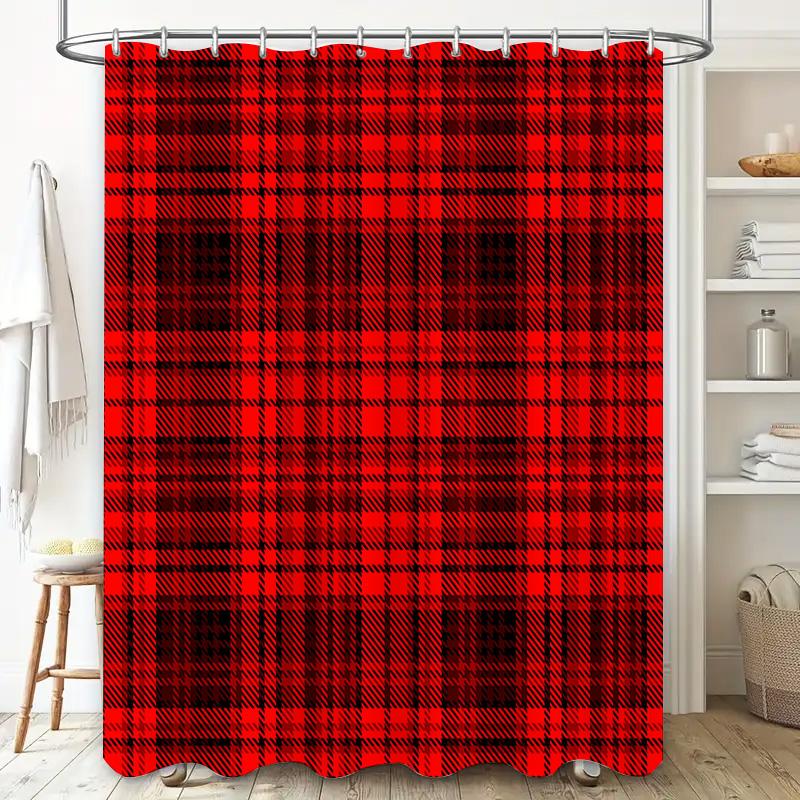 Red Plaid Shower Curtain Fabric Home Decor Bathroom Rug Waterproof Printing Bath Curtains For Kids' Room Red Black 60X72 Inches