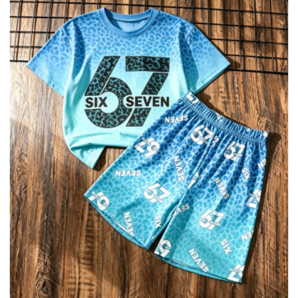 Fashion Kids Set Fun Leopard 67 Number Printed Kids T-shirt and Shorts 2 Piece Set Summer Casual Outdoor Street Boy's and Girl's T-shirt Sets