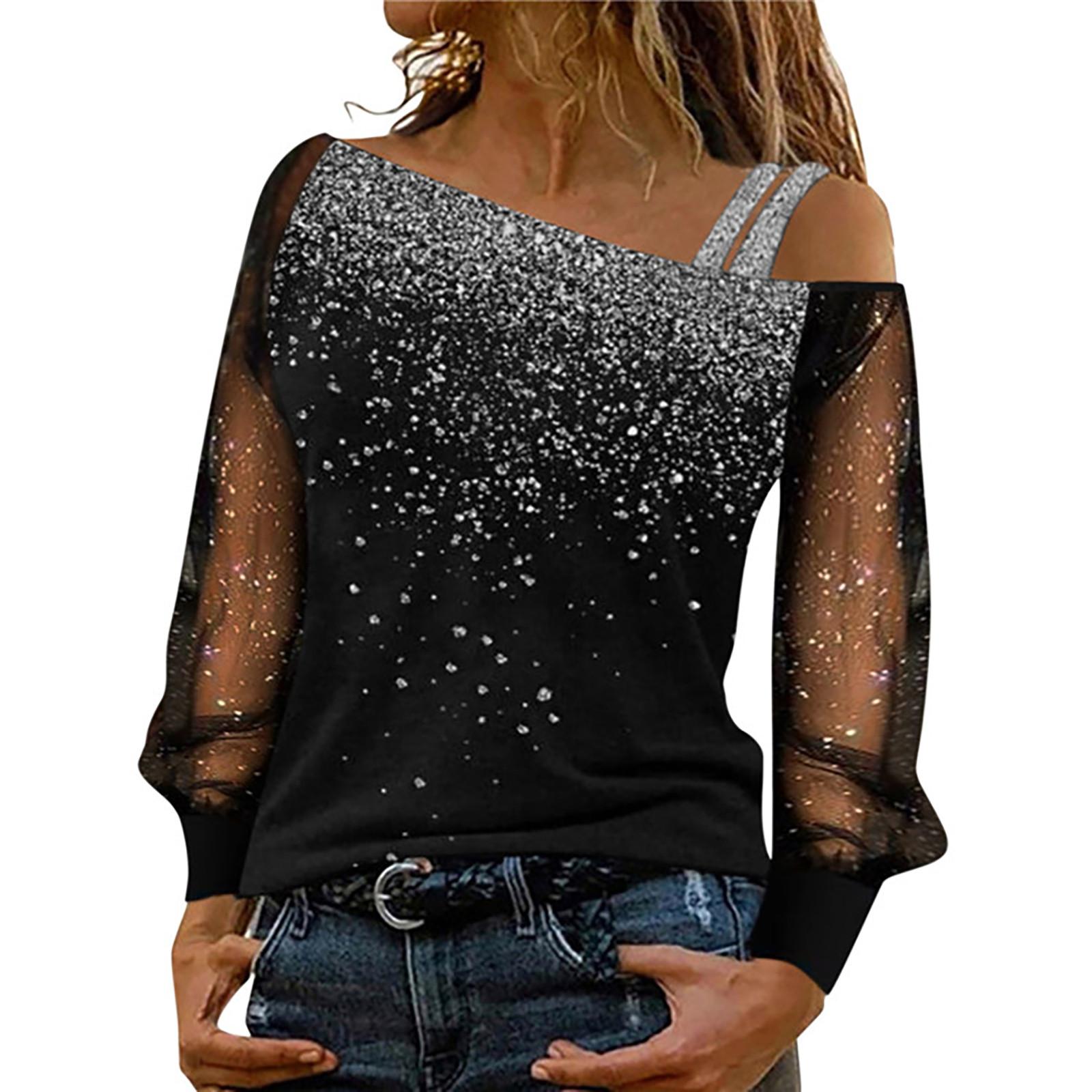 Fashion Women s Off Shoulder Tops Sexy Flash Casual Loose Lace Long Sleeved Tops L