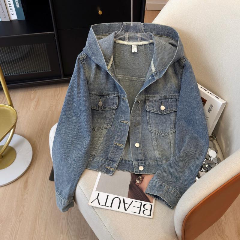 Damen Jeansjacke: High-End Strukturelles Design, Kurz-, Langarm, Baseball-Hoodie-Stil