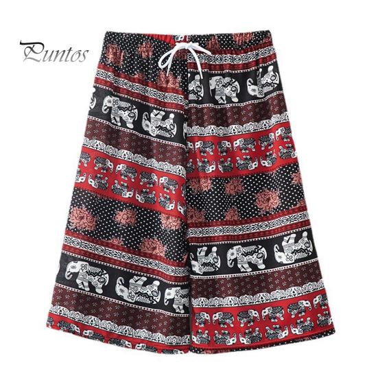 Women Summer Shorts Thiland Elephant Print Drawstring Elastic Waist Loose Soft Breathable Vacation Beach Travel Knee Length Shorts Homewear Pajamas