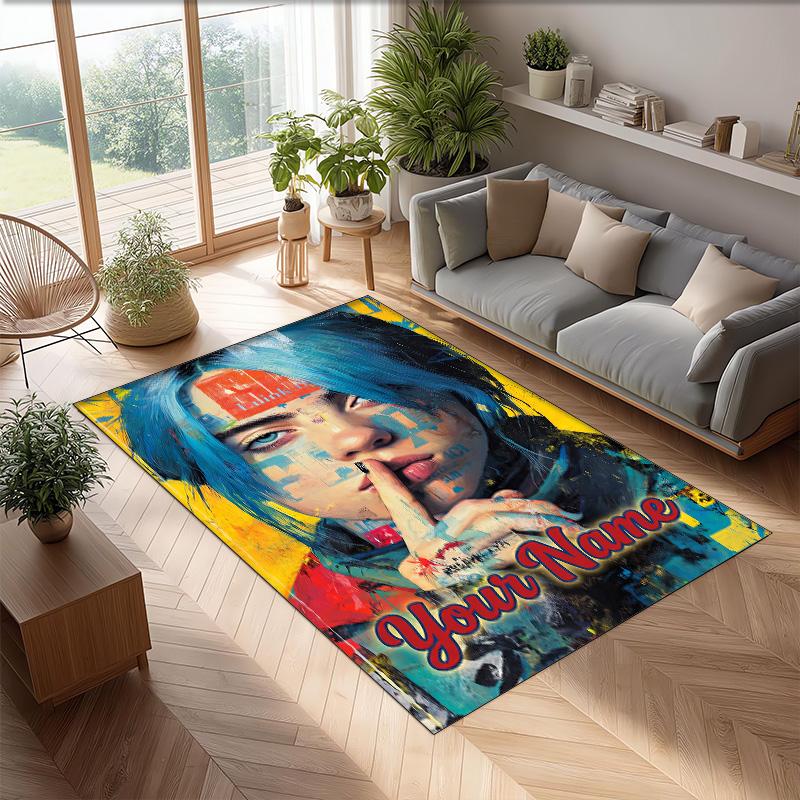 Tappeto in Velluto Cristallo Billie Eilish, Tappetino Antiscivolo Personalizzato con Testo Nome per Arredamento Casa Regalo