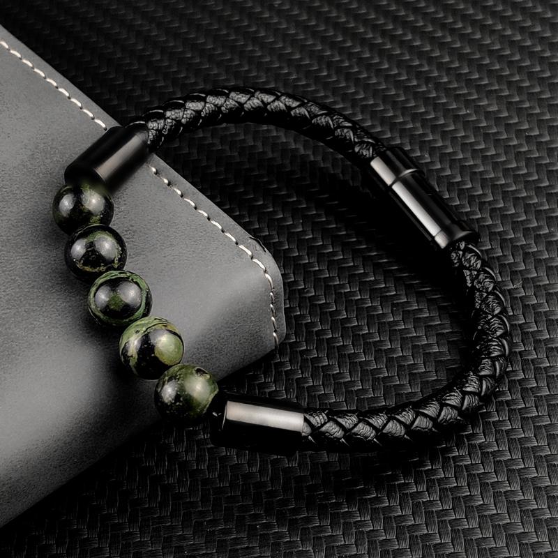Titanium Steel Man Chakra Jewelry Wholesale Stainless Steel Men's Black Leather Volcanic Beaded Braclets Stone Leather Bracelets