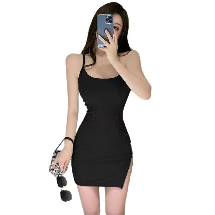 Side Split Zipper Suspender Skirt Children's French Age Reduction Sexy Careful Self-cultivation and Thin Hip-wrapped Pure Desire Dress
