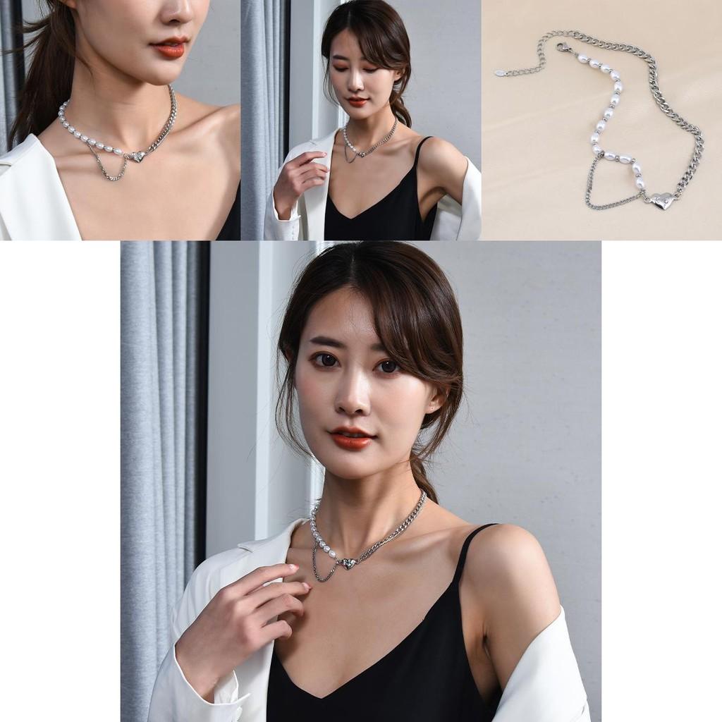 Elegant Titanium Steel Heart Pearl Necklace Unique Design Layered Choker For Women