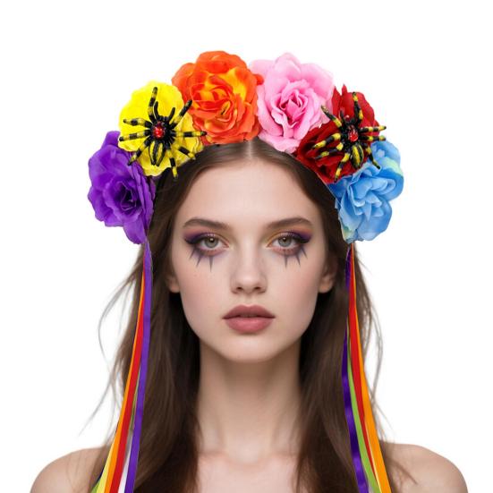 Yousheng Women Headband Satin Colorful Flower Decor Hair Hoop Bright Color Halloween Lightweight Hair Accessory