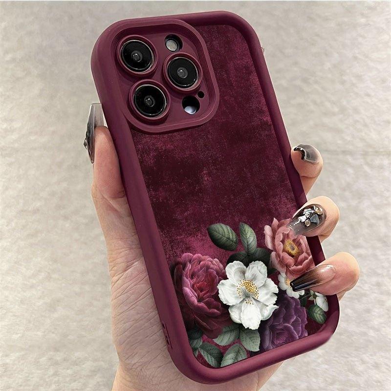 Red velvet floral pattern phone case suitable for iPhone 17 16 15 14 13 12 11 Pro/Max/Plus anti drop and shockproof back cover