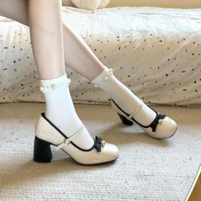 Damespumps 2025 Lente Herfst Nieuwe Comfortabele Hoge Hakken Blokhakken Schoenen Strik Parel Elegant Mary Jane Schoenen