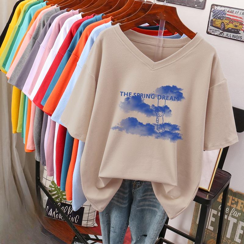 Camiseta de manga curta, Solta, Top V-neck Estampado Emagrecedor para Mulheres