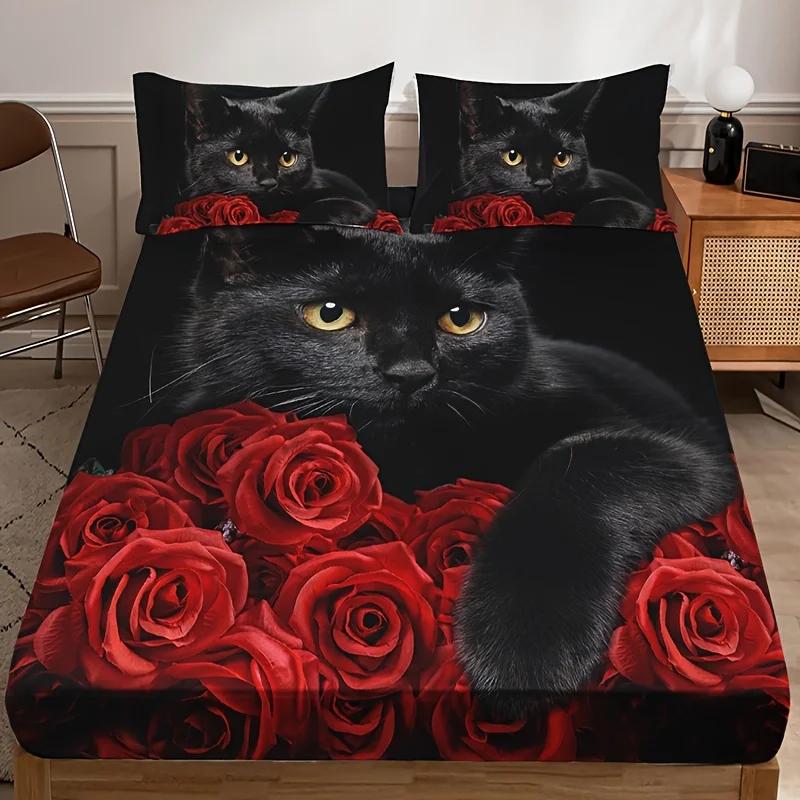 Breathable Black Cat and Red Roses Bedding Set Polyester Animal Print Sheet Pillowcase Sets with Fitted Sheet and Pillowcases