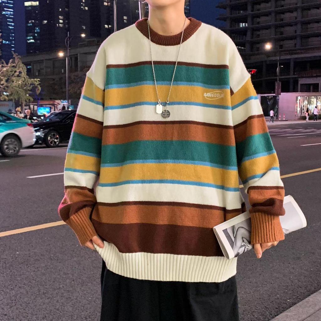 Men's Retro Color-Blocked Striped Sweater - Soft, Cozy, Loose-Fit Knitwear for Autumn/Winter Casual Wear
