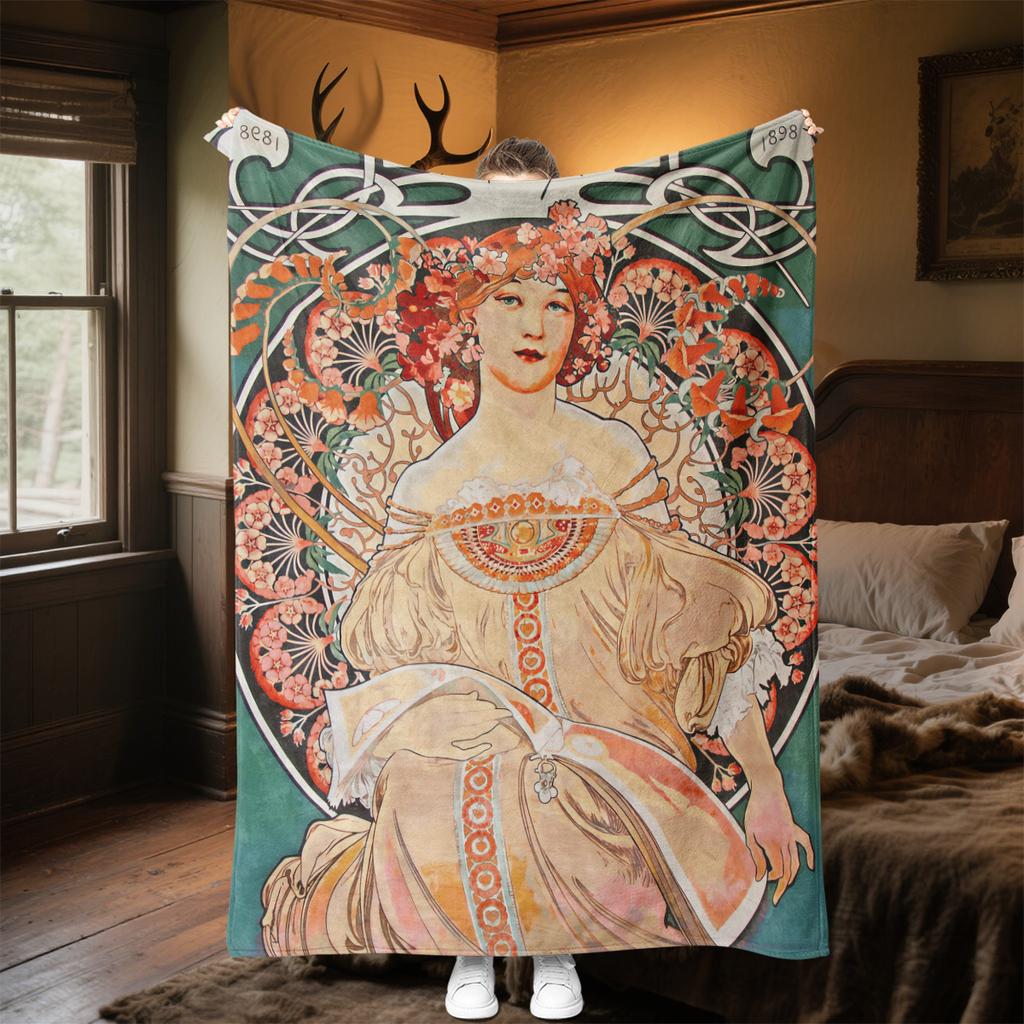 1pc Alphonse Mucha's The Four Seasons blanket, al season lightweigh Poster blanket home office outdoor nap multifunc Poster blanketional blanket