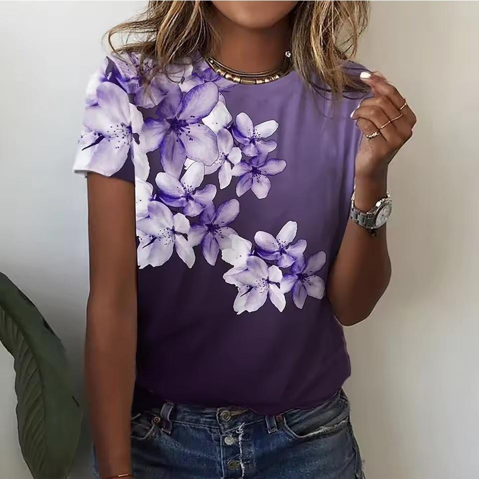 Summer Round Neck Flower Pattern 3D Print Top Fashionable Casual Short Sleeved Women's T-shirts