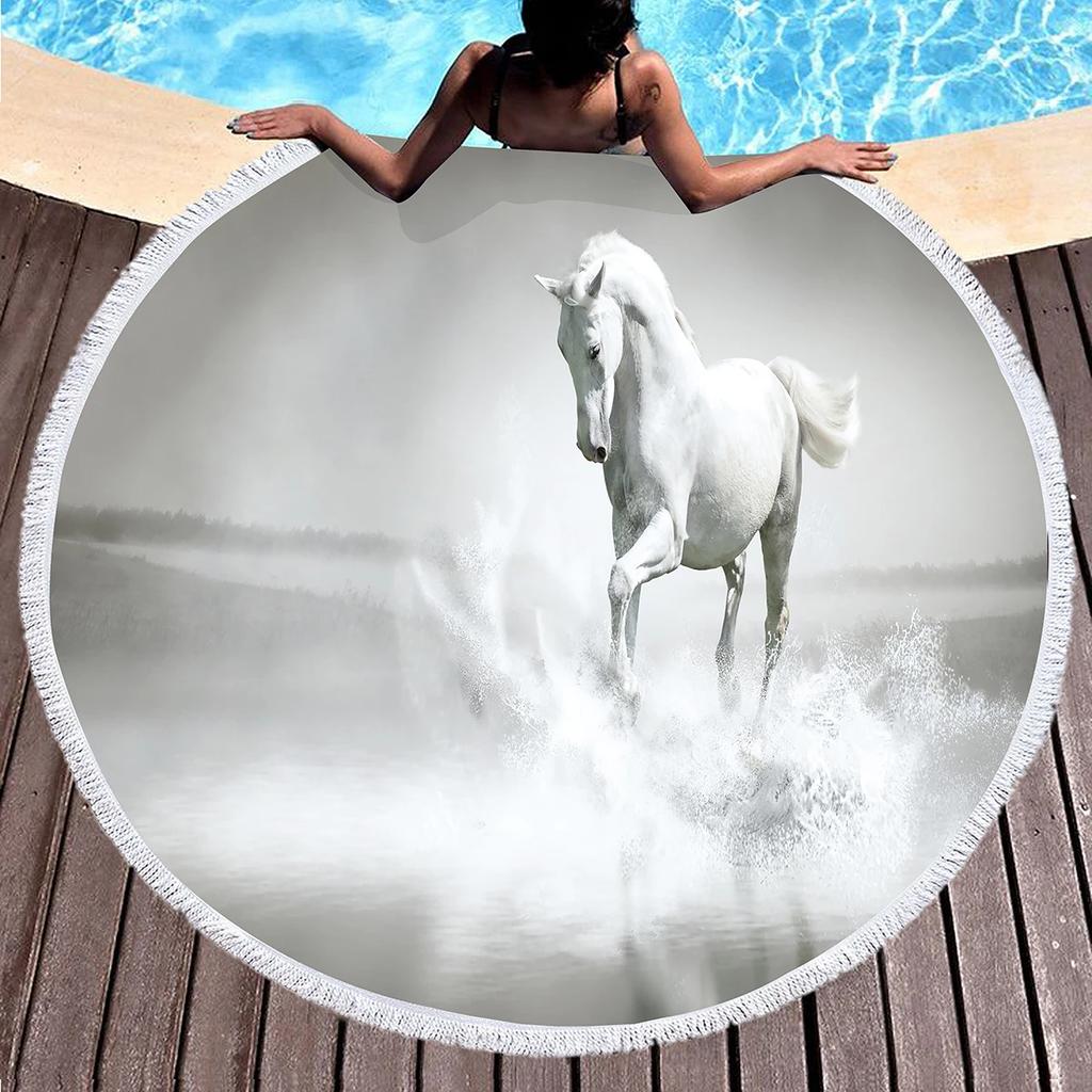 Horse Round Beach Towel,Wild Horse Beach Blanket Shawl Soft Microfiber Cowboys Western Farmhouse Rustic Theme Towel For Picnic