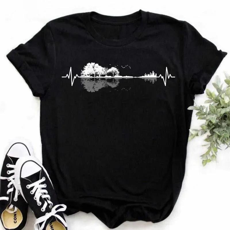 Damen T-Shirt Musik Oberteile Kurzarm Schwarz T-Shirt Damen Lässig Neu Harajuku Lustig Musiknote Kunst T-Shirt Mode