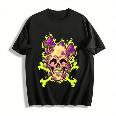 Psychedelic Mushroom Skull Graphic Cool Casual Short Sleeve Tee Pure Cotton T-shirt