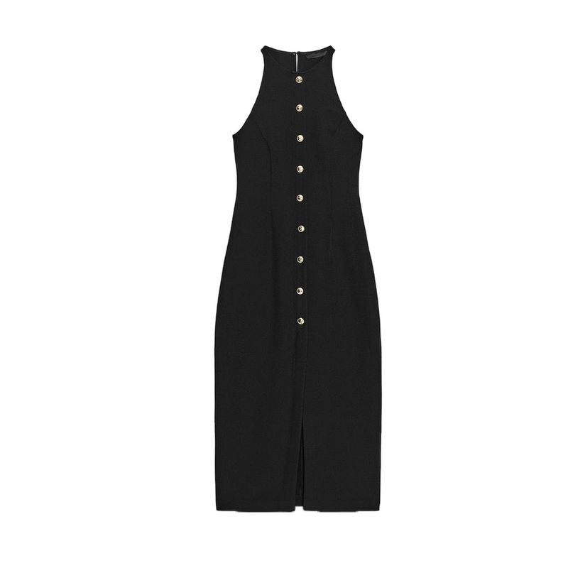Summer Women Clothes Casual Style Round Neck Sleeveless Gold-Plated Layer Decorated Row Button Crepe Midi Dress 3897108