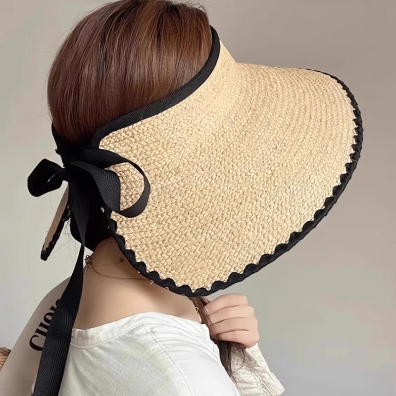 Summer Large Brim Lafite Grass Empty Hat Women's Sun Protection Straw Hat Long Streamer Bow Sun Hat Sun Hat