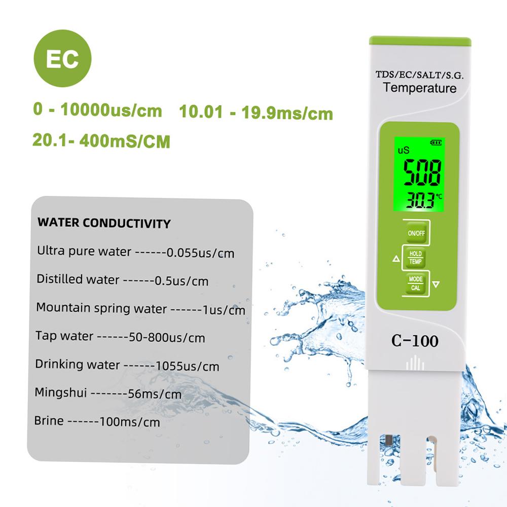 5 in 1 TDS EC SALT S.G. Temperature Meter Digital Water Quality Monitor Tester for Pools Drinking Water Aquariums with