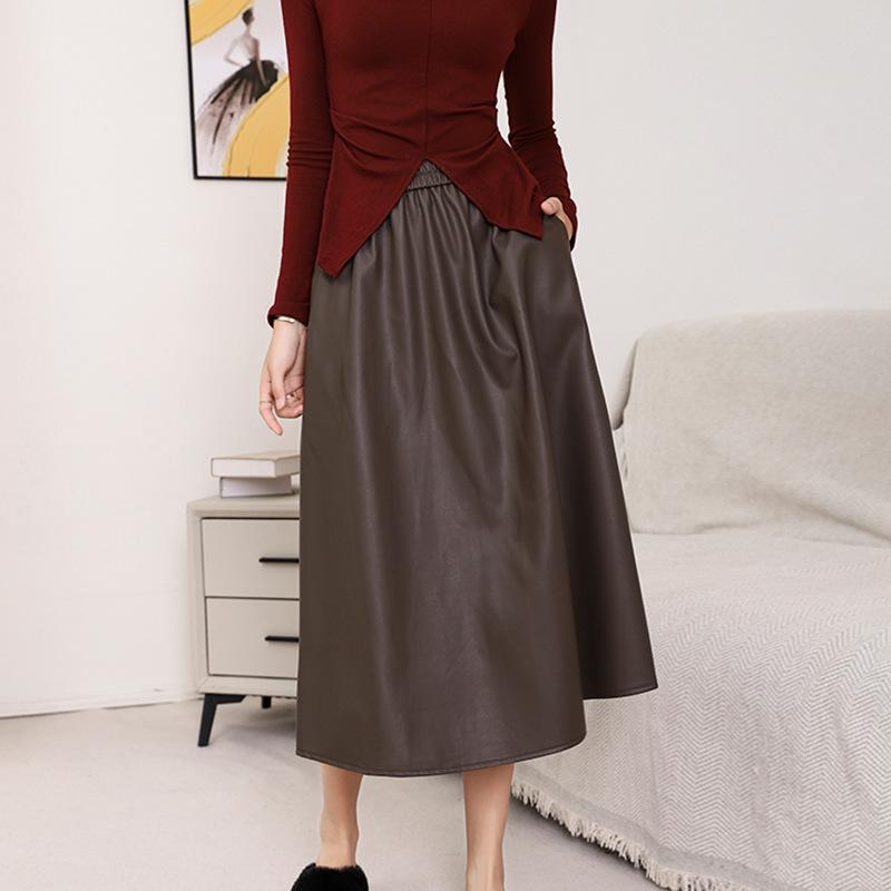 Damen Midirock in A-Linie mit hoher Taille aus PU-Leder – Schlankmachend, vielseitig, perfekt für Herbst und Winter