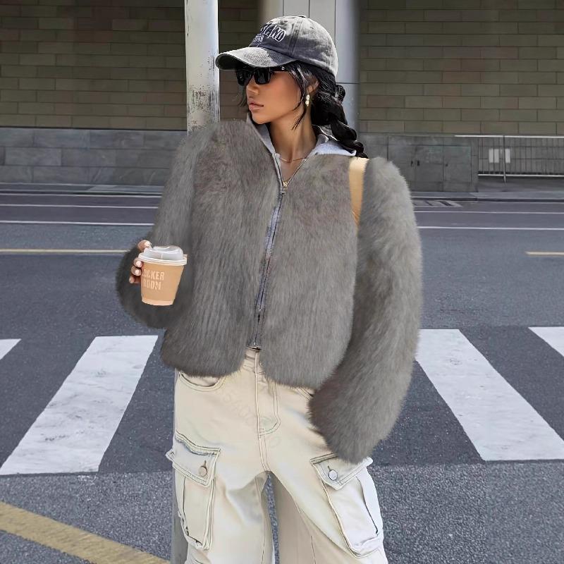 Brown Faux Fur Jacket Women's Autumn Winter New Light Luxurious Top Loog Sleeves Fashion Short Jacket